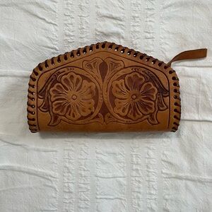 Vintage Brown and Tan Leather Wallet with Floral Tooling